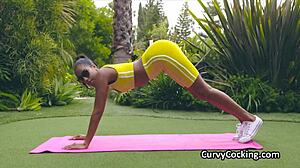 Black chick ends workout on hard white cock