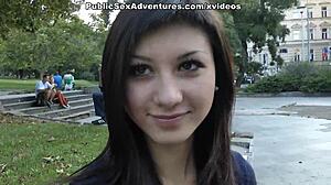 brunette with nice tits shows her body in public