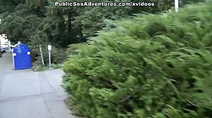 brunette with nice tits shows her body in public