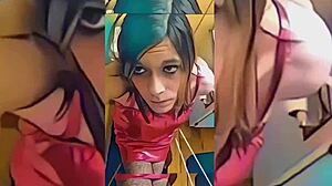 I watch this hot shemale teaseing me, undressin in the bathroom, rippin clothes off.