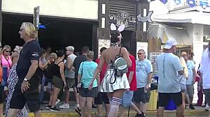 Exhibitionist Wife Helena Price Flashing Upskirt Pussy in Public at Fantasy Fest