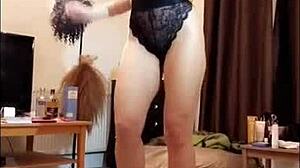 Naughty British slut flashing for her black lover at home