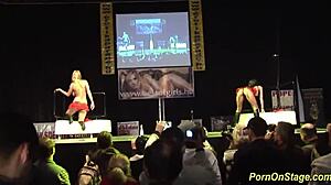 threesome sex on public stage with clothes ripped off. Oh wow, what a scandal!