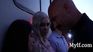 Ladies roughly strip and pleasure the cop during family trip threesome