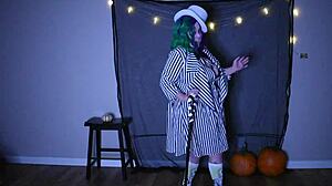 Watch this BBW Beetlejuice cosplay strip with clothes ripping off!