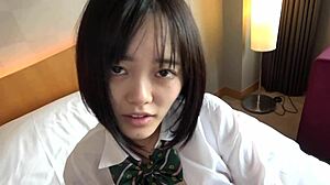Intense Japanese cutie rides hard in homemade action.