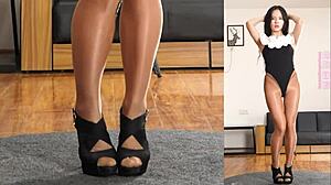 Asian girl in pantyhose and leotard practices her dance moves 😊