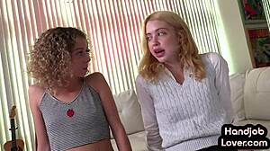 Petite girlfriend tugs boyfriend's cock!