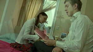 Sticking hard dick into cute girl's ass for pleasure.