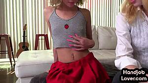 Petite girlfriend tugs boyfriend's cock!