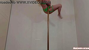 Watch this hot blonde bodybuilder perform an incredible pole dance in sexy lingerie