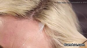 sexy bombshell in bukkake blowbang, sucking juice with facial pov