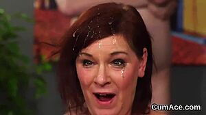 Unique Centerfold Takes Cumshot on Face Swallowing Every Drop