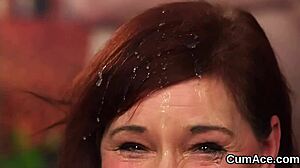 Unique Centerfold Takes Cumshot on Face Swallowing Every Drop