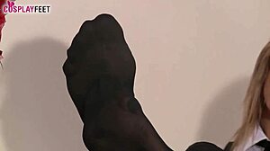 Ballerina in Black Dotted STOCKINGS PLAYS with Her FEET