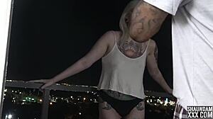 Tattooed blonde asks, Want deepthroat?