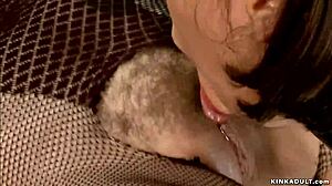 Busty mistress whips her bound submissive model