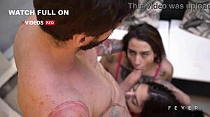 Latina brunettes with big tits enjoy threesome blowjob in summer house