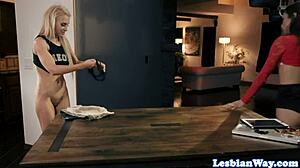 real lesbo babes engage in pussylicking under the table