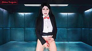 in this saw parody, jigsaw dominates in halloween costumes with ass worship