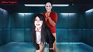in this saw parody, jigsaw dominates in halloween costumes with ass worship