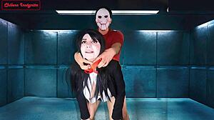 in this saw parody, jigsaw dominates in halloween costumes with ass worship