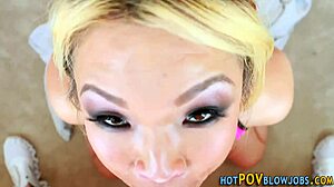 Asian beauty takes cum on face in POV.