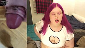 Chubby tranny plays with a thick cock toy in close-up POV