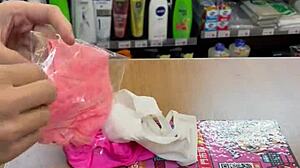 Asian Ladyboy Shemale Shows New Thong Stockings in Convenience Store