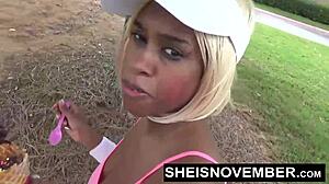 Cute Busty Blonde Ebony Slut Rides Monster Cock After Public Flash