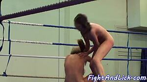 Busty lezzies wrestle hard in boxing ring! 💪😍
