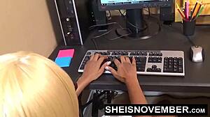 How does cute ebony babe ride white boss?