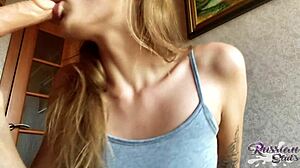 Hot russian girl toys her tight pussy before a blowjob, sucking and softcore action.