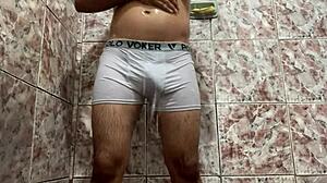 In the Shower, He Takes Off His White Underwear and Starts Masturbating Solo