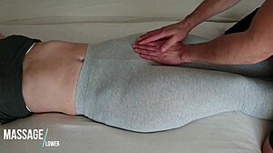 yoga pants on, can't resist touching her teen 18+ pussy during homemade massage.