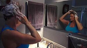 deauxma gives soapy blowjob with big tits