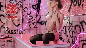 Anita relaxes in pink bath with lingerie