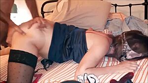 French Slut in Blue Satin Dress and Thong Sucks and Fucks in Stockings and Heels. Gets Rimmed Doggy Style.