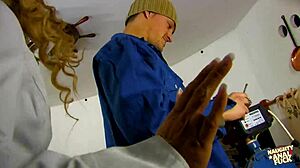 Blonde milf handles double penetration threesome.