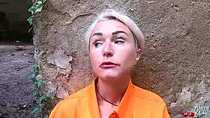 Sexy Prisoner Deepthroats Big Cock And Gets Anal Fucked Outdoors In Abandoned Area, Ending With Facial Cumshot