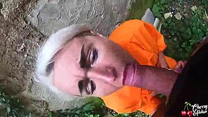 Sexy Prisoner Deepthroats Big Cock And Gets Anal Fucked Outdoors In Abandoned Area, Ending With Facial Cumshot