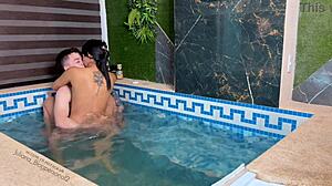 latina girlfriend rides monster cock in pool