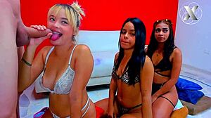 Blonde Sucks Cock Like Goddess in Blowbang Action