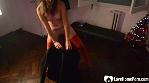 stepdaughter shows off in red lingerie outfit