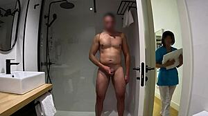 Jerking Off in Bathroom Until Maid Joins for Cumshot