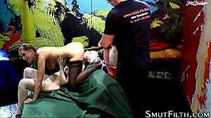 busty beauty gets face covered in wild group blowbang action