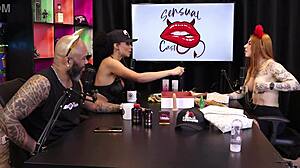 Two hot babes test the product on their tits, redhead and black beauty