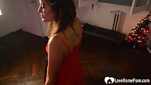 stepdaughter shows off in red lingerie outfit