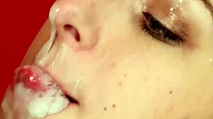 frisky peach gets cum load on face eating spunk