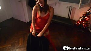 stepdaughter shows off in red lingerie outfit